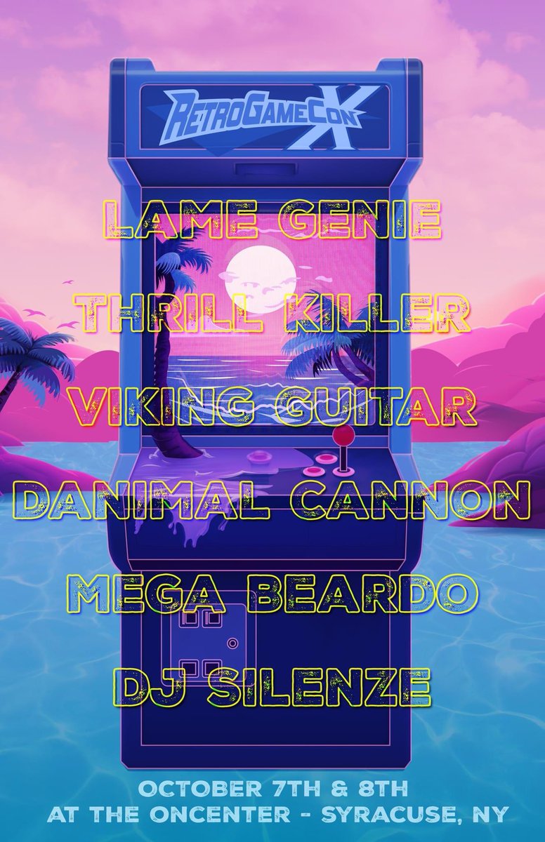 RetroGameCon's tweet photo. Our rad music lineup this year. Metal, chiptune, synth, and hip-hop beats. 6 different performers, coming from all over the east coast to Syracuse on October 7-8!

Lame Genie
Thrillkiller
Viking Guitar
Danimal Cannon*
Mega Beardo
DJ SIlenze

*𝑨𝒇𝒕𝒆𝒓 𝑷𝒂𝒓𝒕𝒚 𝒐𝒏𝒍𝒚 https://t.co/fNm2aI2A1Z