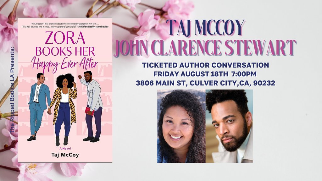 We're welcoming back @TajMcCoyWrites on Friday, August 18th to #TheRippedBodiceLA. 

She will chat about Zora Books Her Happy Ever After with actor John Clarence Stewart <a href="/stewart_iii/">John Clarence Stewart</a>. 💕⁠ ⁠ 

Tickets include a $10 store credit. 🎟️⁠ ⁠ 
therippedbodicela.com/events-and-tic…

 #AuthorEvent