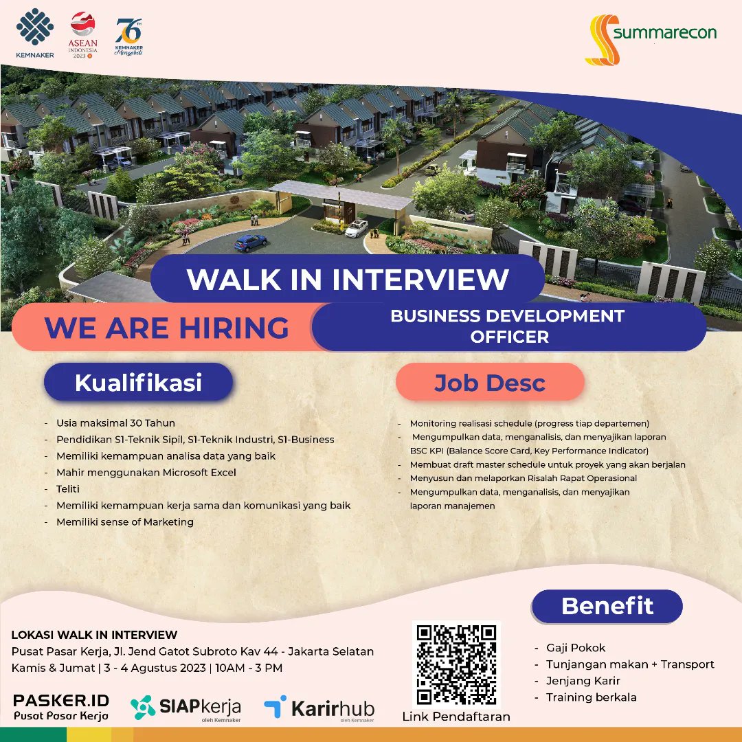 Halo Jobers...!!
Ikutan yuk Walk In Interview di Pusat Pasar Kerja, 3-4 Agustus 2023, jam 10.00 - 15.00 WIB.

PT. Serpong Cipta Kreasi Summarecon Group lagi buka lowongan loh! Langsung cek aja utk detail.
Buruan scan barcode untuk mendaftar ya...!

#pusatpasarkerja #LowonganKerja