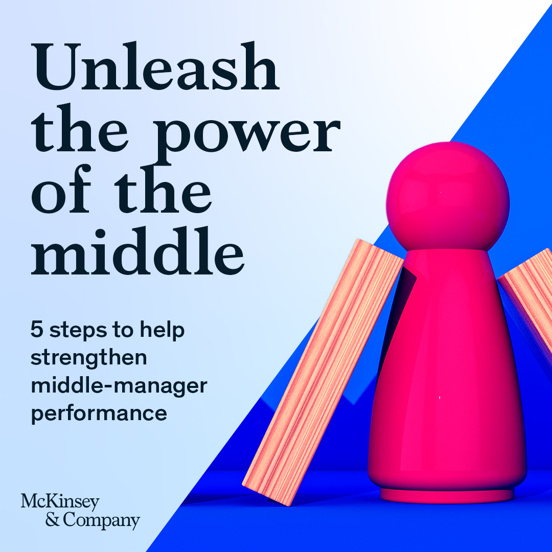 McKinsey's tweet photo. Middle #management is far from the most cherished slice of an #organization these days, but new McKinsey research shows that it pays to actively invest in middle managers. We explore 5 actions organizations can take to support their midlevel leaders here: https://t.co/Z92eeLvQOE https://t.co/aqDv8CqHsS
