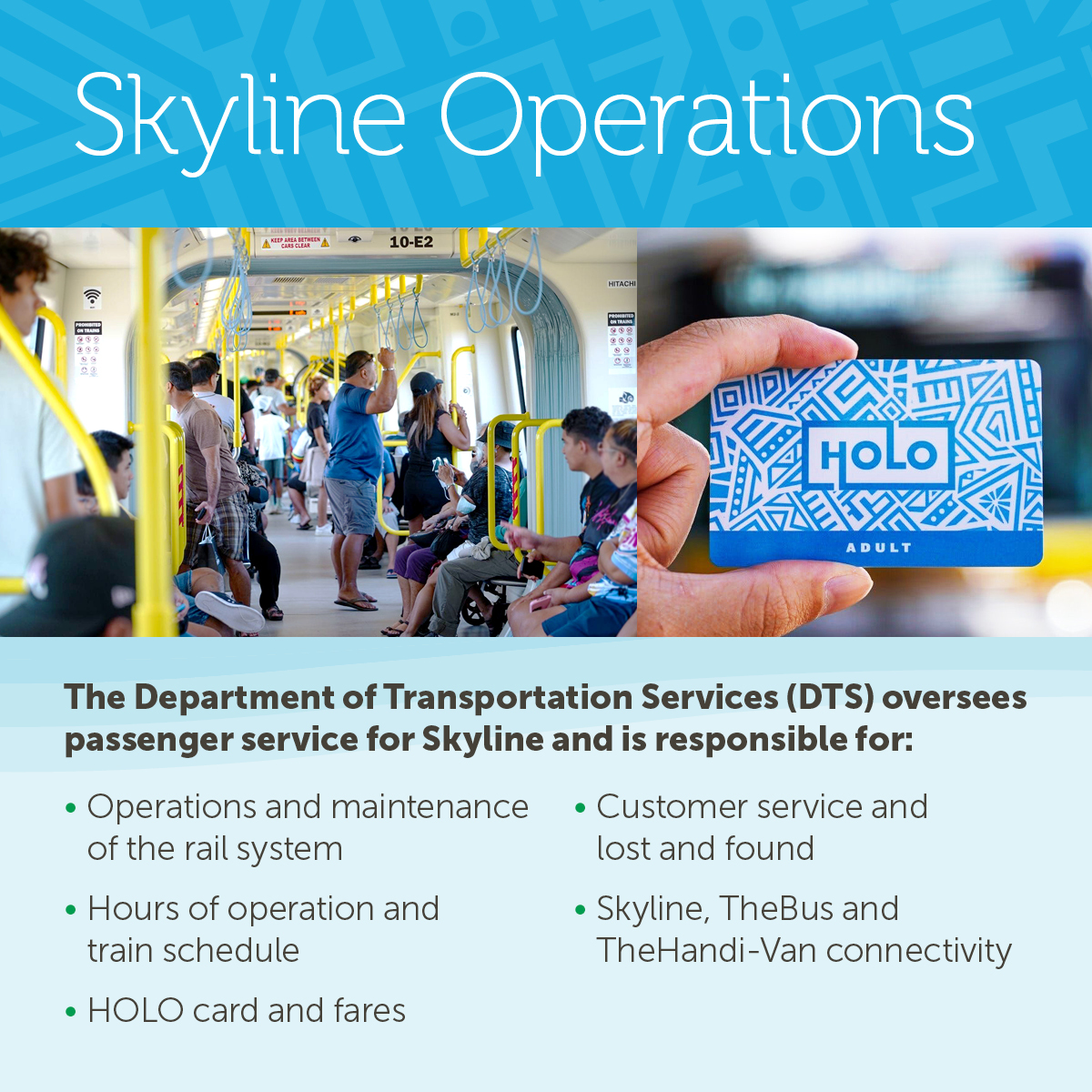 HNL_RTD's tweet photo. The Department of Transportation Services (DTS) oversees passenger service for Skyline.
The Honolulu Authority for Rapid Transportation (HART) oversees the construction of the rail system
#hnlrail #followHART #Skyline #SkylineHNL #RideTheSky #HOLOcards https://t.co/XYQBrgEbRH