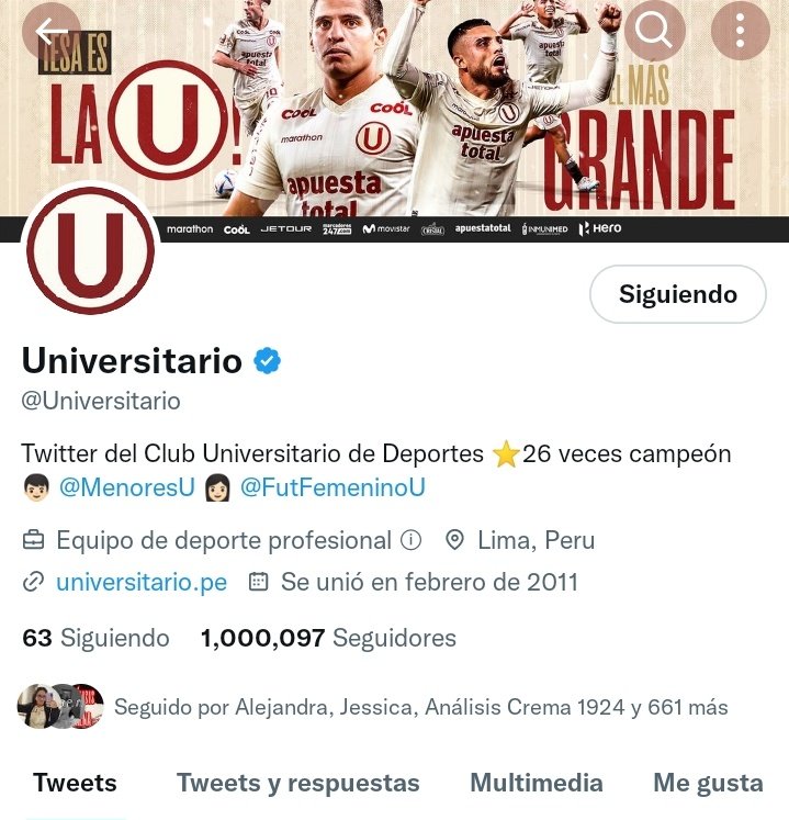 LaUesDeSuGentee's tweet photo. 🔥 ¡#Universitario el PRIMER club de fútbol peruano en pasar el 1️⃣.0️⃣0️⃣0️⃣.0️⃣0️⃣0️⃣ de seguidores en Twitter! 🔥
🔁 #1MCremas https://t.co/PGgWYuJnDt