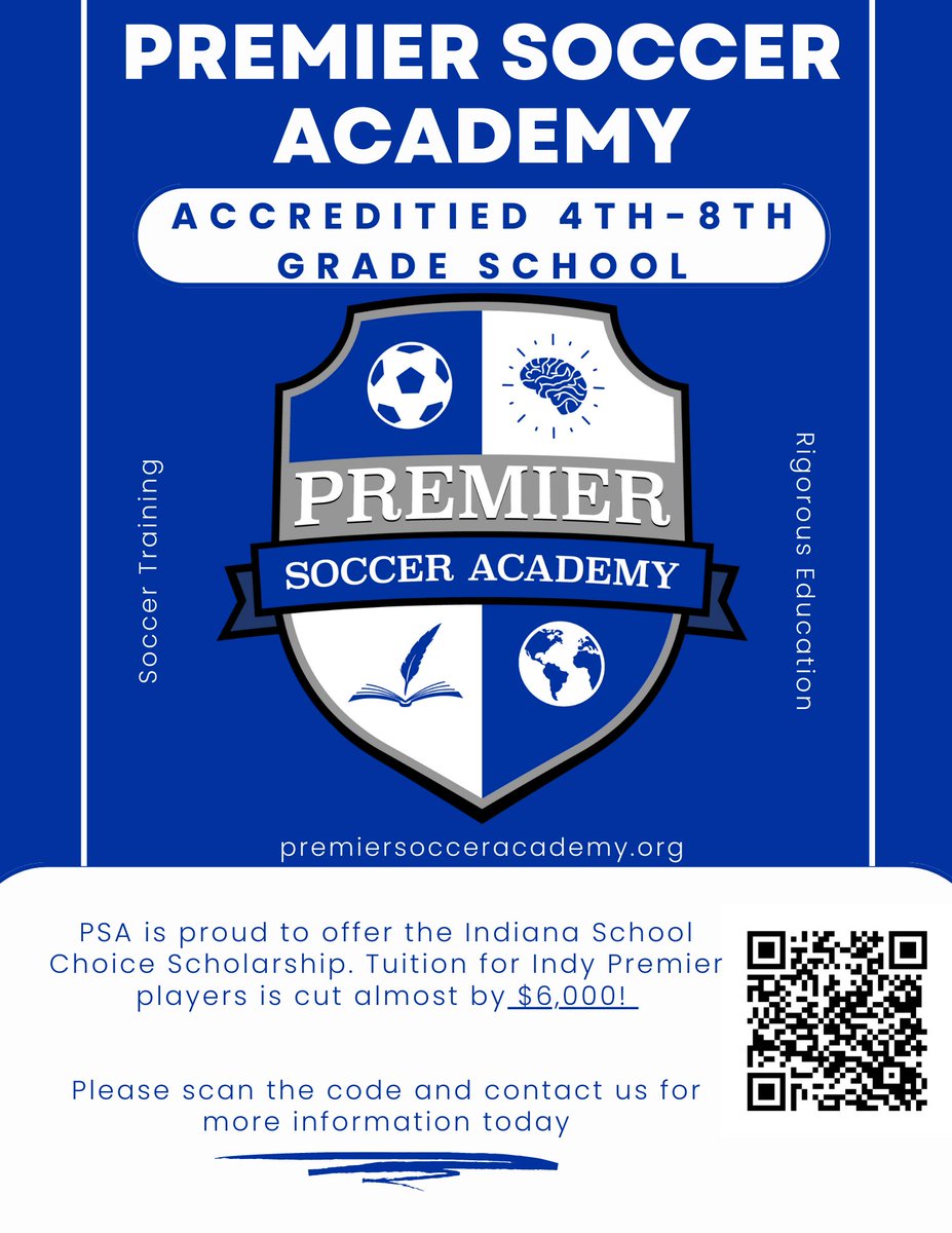 2 weeks from the start of school! Learn on the field and in the classroom all in the same day. Accredited by <a href="/EducateIN/">Indiana Department of Education (IDOE)</a>, PSA limited spots remaining. Scan the code for a tour today. <a href="/IndyPremierSC/">Indy Premier SC</a> #projectbasedlearning