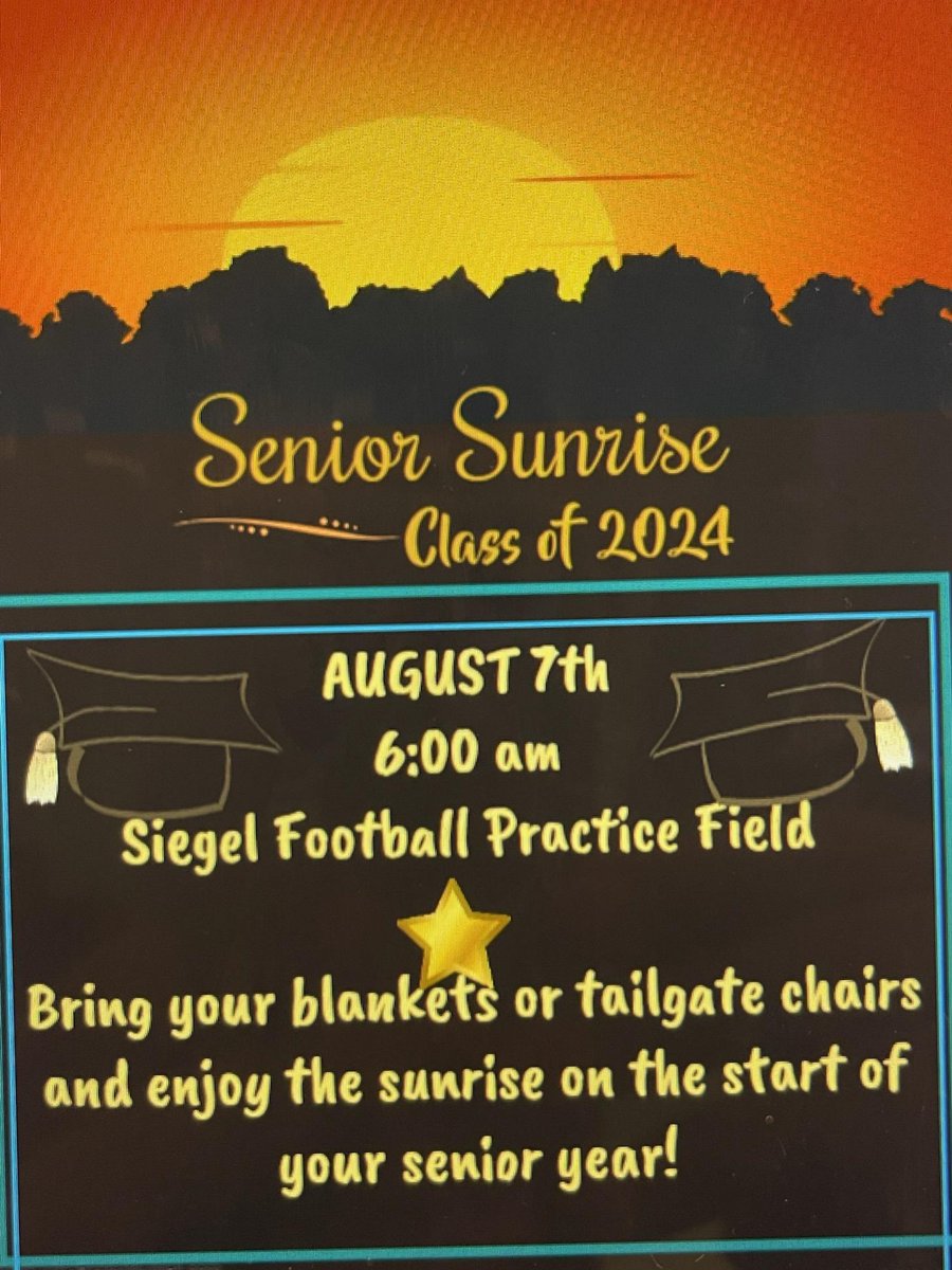 Important: Seniors check your email! Class of 2024 🌟 this is for you! Let the celebrations begin to kick off your senior year by joining us to watch the sunrise over Siegel High's campus! #P2BASS #Classof2024 #20yearsofexcellence