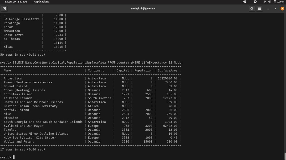 MdevG's tweet image. Day 3 of #SQL30days
Today was fun..i polished up on:
✅Use of DISTINCT and understanding duplicate checking.
✅Use of the BETWEEN condition
✅Use of the ORDER BY KeyWord
✅How to use IS NULL
Then I did some practice questions on the world sample database
Day 3..Done!!💪🏽🙌🏽