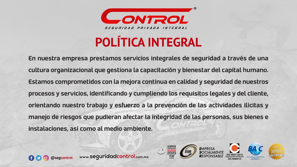 segcontrol's tweet photo. Te compartimos nuestra política integral para que la tengas siempre presente. Ésta es nuestra guía para brindar un servicio con excelencia.
#YoSoyControl #FamiliaControl #SeguridadControl https://t.co/AMD3g4JhQT