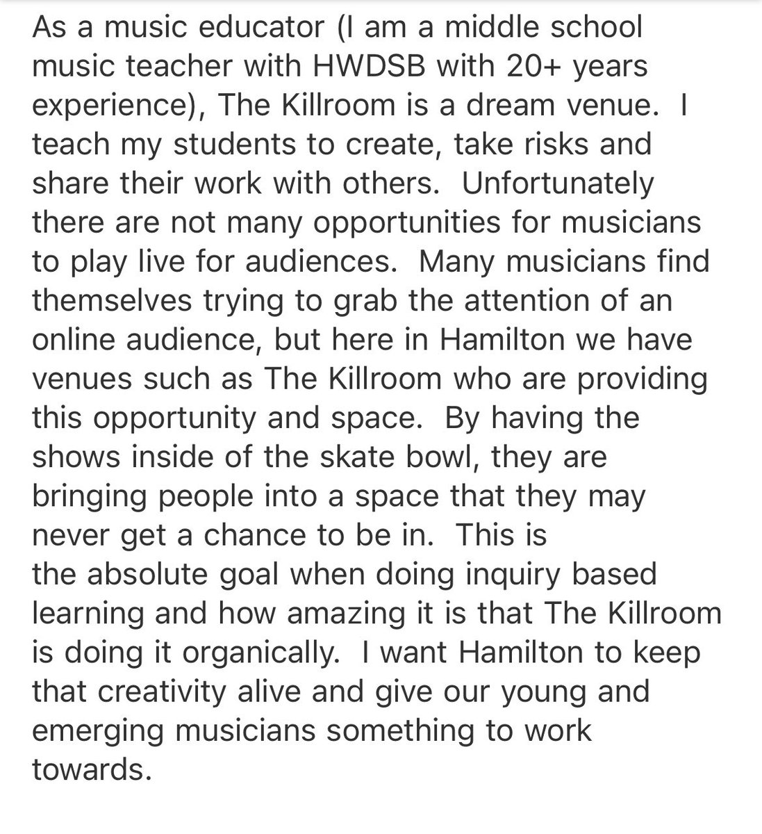 MrsLedroit's tweet photo. Hello educator friends, I’m posting to share the sad news that an amazing music venue in Hamilton is being forced to close. When I tell you that this space is one of the best artistic assets our city has, I know you trust in me. Petition in comments.  @AndreaHorwath #thekillroom https://t.co/78moqd6Nyz