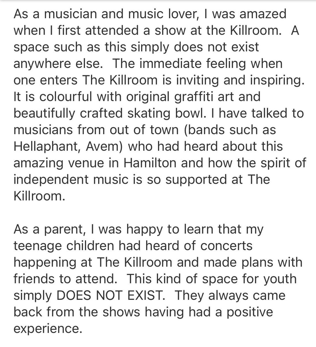 MrsLedroit's tweet photo. Hello educator friends, I’m posting to share the sad news that an amazing music venue in Hamilton is being forced to close. When I tell you that this space is one of the best artistic assets our city has, I know you trust in me. Petition in comments.  @AndreaHorwath #thekillroom https://t.co/78moqd6Nyz