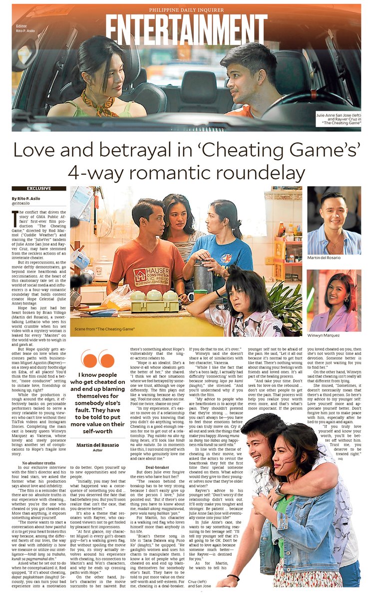 InqEnt's tweet photo. Inquirer Entertainment talks to @MyJaps @RAYVERCRUZ20 #MartindelRosario #WinwynMarquez and director #RodMarmol of #TheCheatingGame
Love and betrayal in โCheating Gameโsโ 4-way romantic roundelay
https://t.co/i2fPwZd8X7
@InqEnt @GMA_PA @gmanetwork #entertainment #JulieVer https://t.co/f49xIeGjhW
