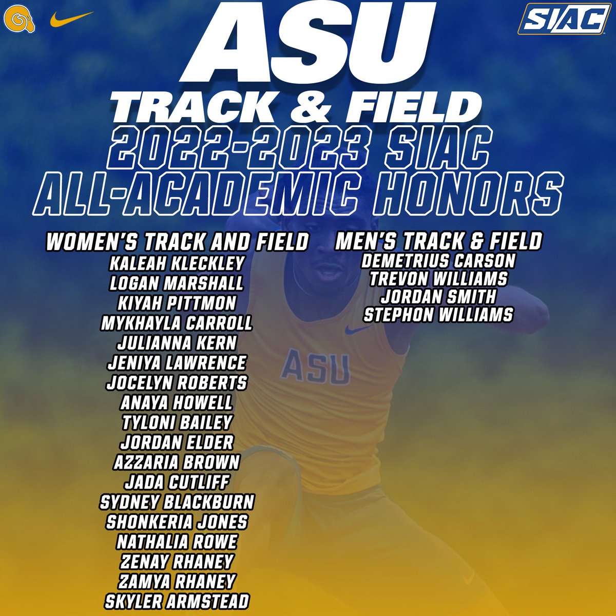 ASUTFXC's tweet image. Golden Rams Track &amp;amp; Field had a great year! Not just athletically…but academically as well. In the words of Coach Taylor, It’s a reason “Student” comes before “Athlete”. Hats off to all of our Student-Athletes who earned @TheSIAC All-Academic Honors. 

#ASUTF #ASUTwitter