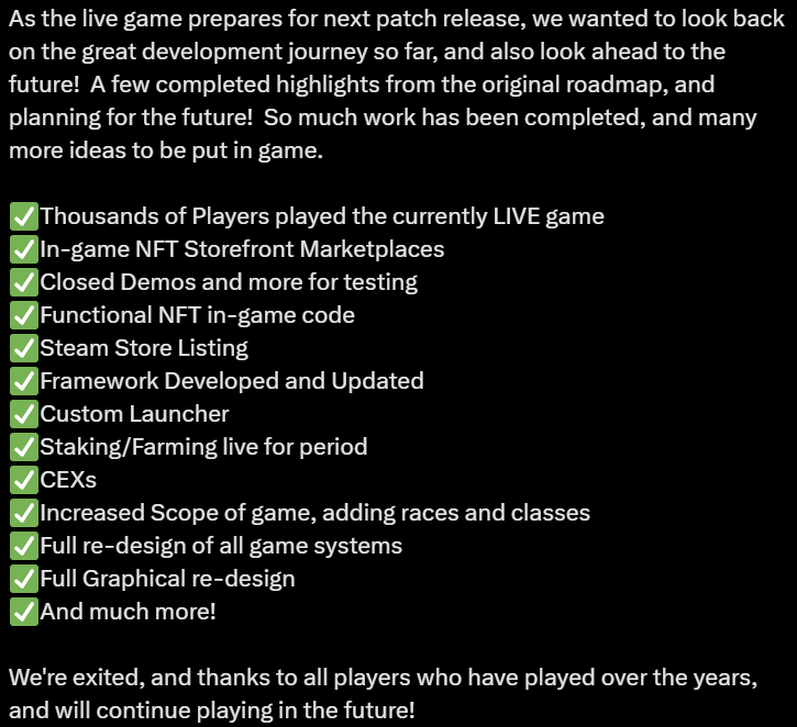 MistNft's tweet photo. In case the text is too small to read:  We are excited to update the game make Mist an even better gaming experience.  We love looking back at all that was accomplished, and a BIG thank you to all the players over the years!  Here's to the next patch. https://t.co/tIDqwDErsV