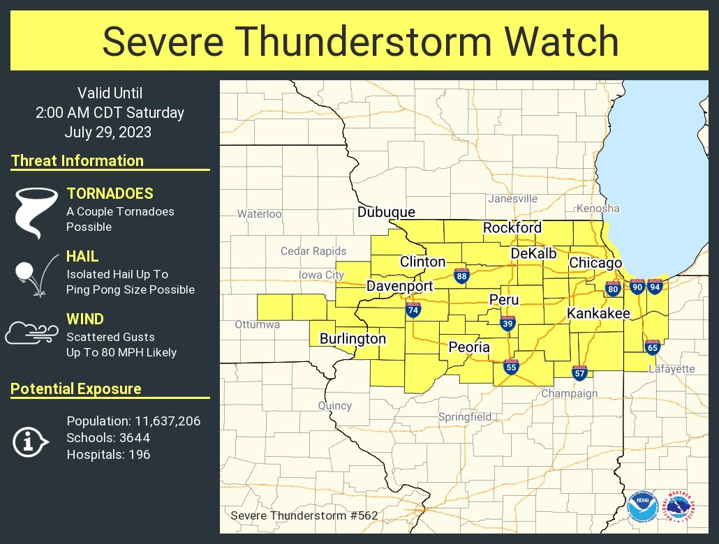 NWSChicago's tweet image. A severe thunderstorm watch has been issued for parts of Illinois, Indiana and Iowa until 2 AM CDT