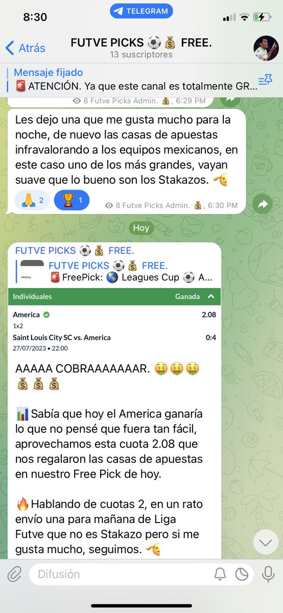 Por mi Telegram vamos 2/2 hoy en Liga Futve incluido un STAKAZO gratuito, seguimos demostrando que somos los reyes de esta liga, eso sin contar la victoria del America ayer.🔥🔥🔥

t.me/futvepicks