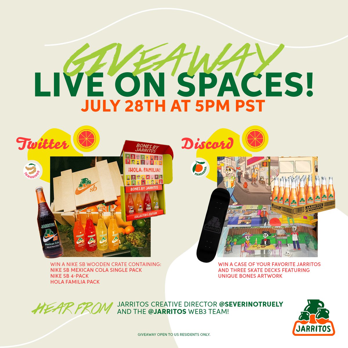 Jarritos's tweet image. It’s giveaway time, familia! Want to take home the wooden Jarritos x @nike SB crate &amp;amp; all the super good things inside?!

🦴 Follow us!
🦴 Like &amp;amp; retweet this tweet!
🦴 Respond &amp;amp; tell us your favorite Jarritos flavor 👇