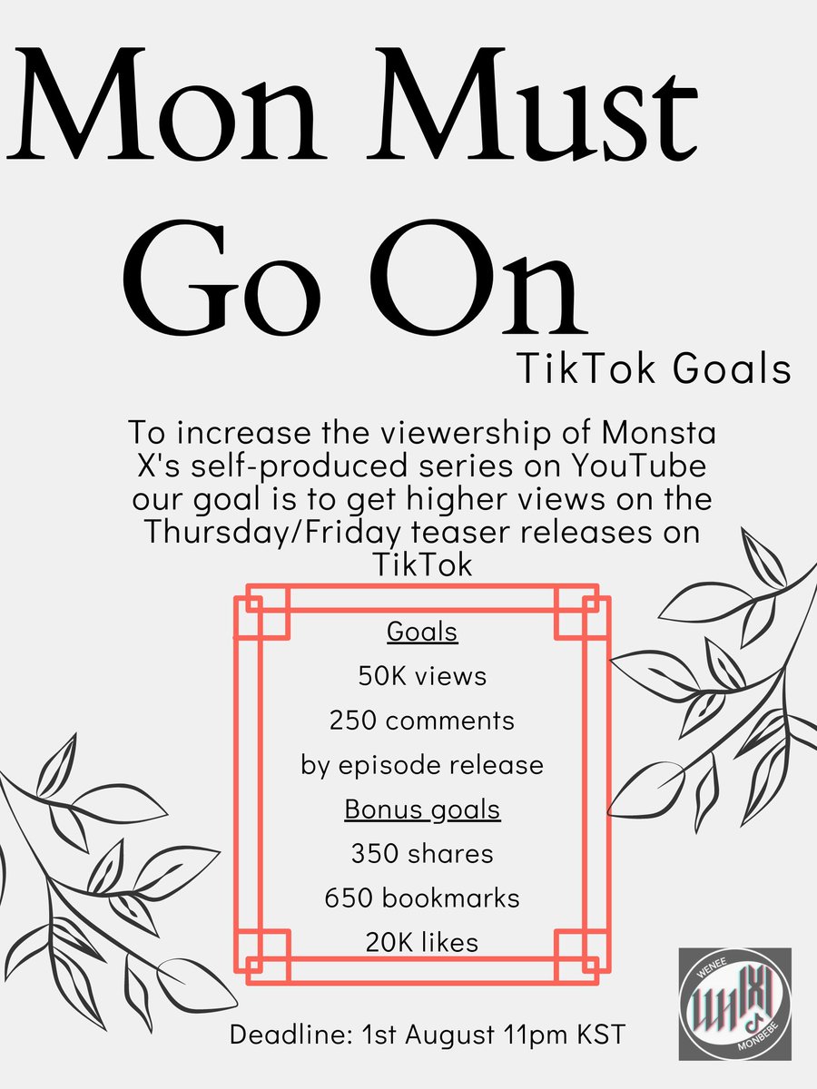 Tiktok4MXWH's tweet photo. {#MONSTAX_TIKTOK}
Let's support the teasers for MonMukGO. Goals for TikTok teasers are step based, as we complete one set then we unlock a new set.

50K - In Progress
250 comments - In Progress

https://t.co/ac64LRyAhN

@OfficialMonstaX
#몬스타엑스 #MONSTAX #몬먹고 #몬먹어도고 https://t.co/9rpqlekX32