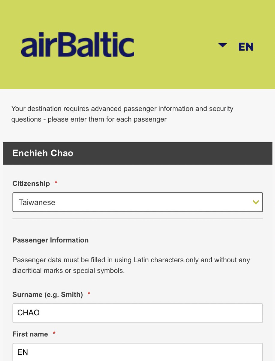 We are often forced to select “Taiwan, a province of China” for taking flights.  Simply “Taiwan” is common in other kinds of businesses. Not so much for flights. Never have I seen an airline offering “Taiwanese” citizenship as an option! Thank you, airBaltic! 🇱🇻  
<a href="/airBaltic/">airBaltic</a>