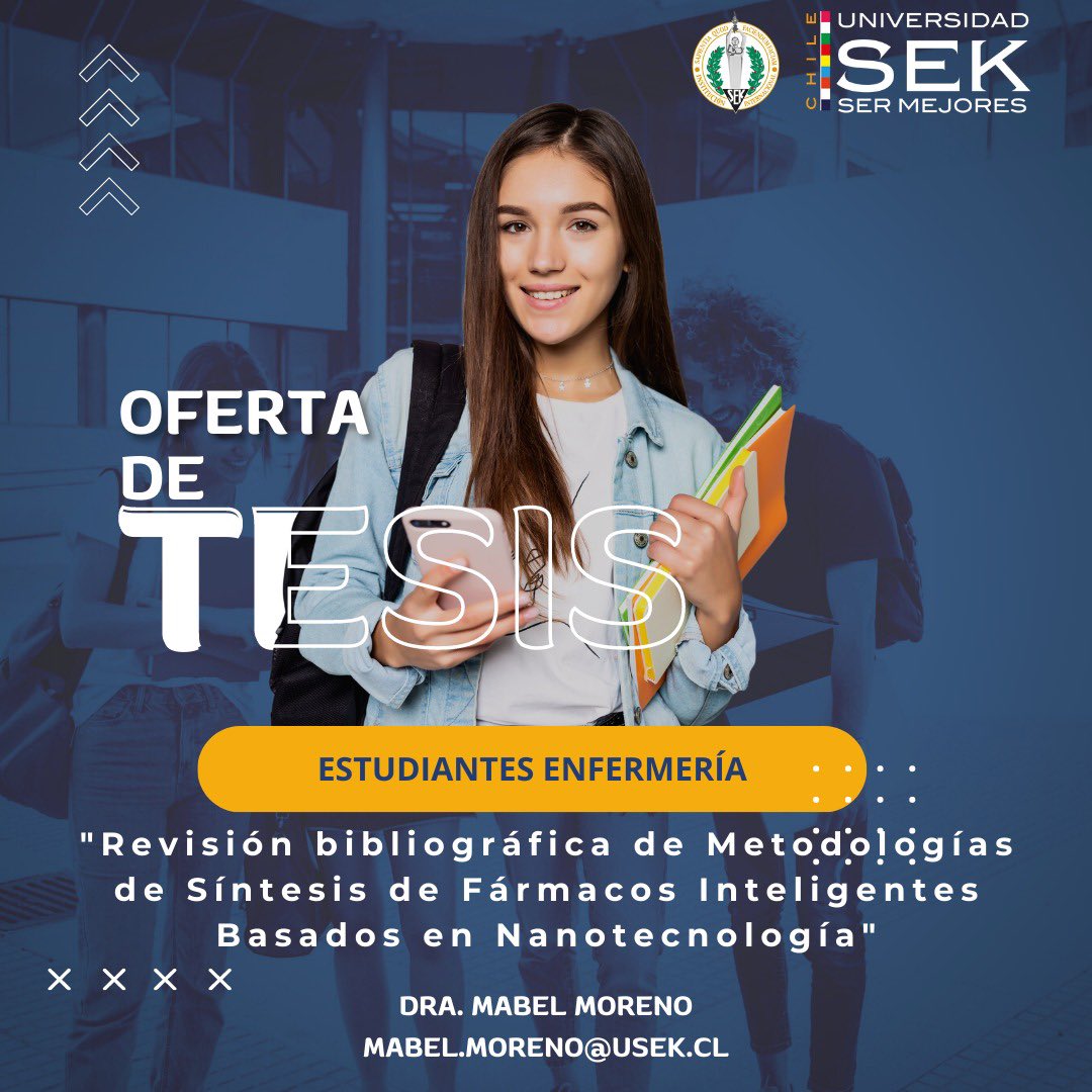 🚨Atención estudiantes USEK🚨
Oferta de tesis

“Revisión bibliográfica de metodologías de síntesis de fármacos inteligentes basados en nanotecnología”

Interesad@s comunicarse con Dra Mabel Moreno en Mabel.moreno@usek.cl