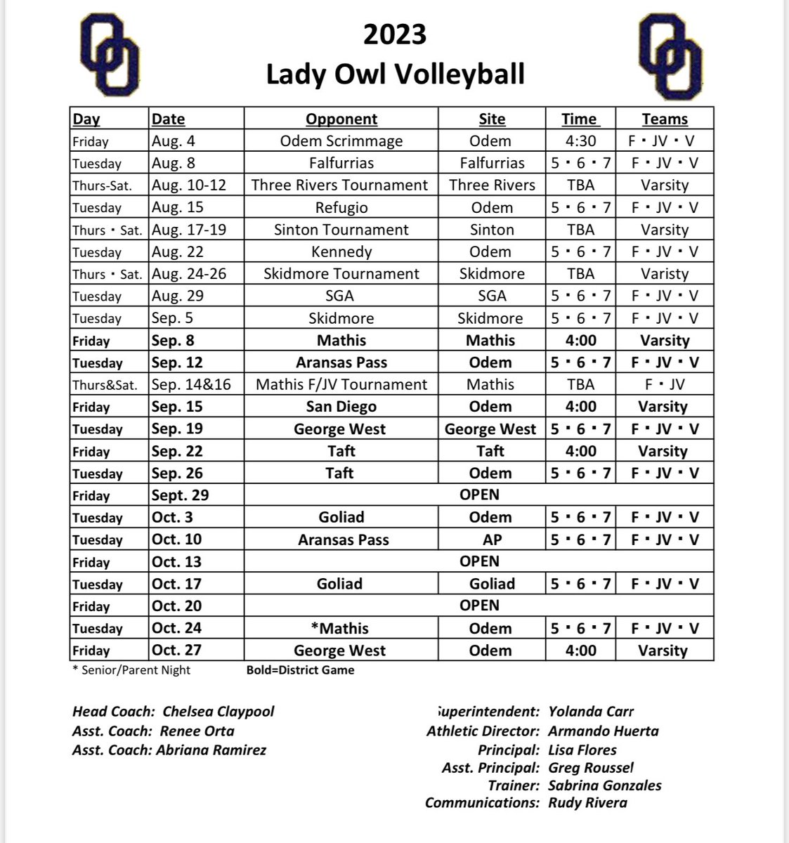 OEISD Communications Officer (@oeisdo) on Twitter photo Odem Volleyball
Workout schedule for next week.
2023 season schedule
<a href="/OdemAthletics/">Odem Owl Athletics</a> <a href="/odemhs/">Odem High School</a> Odem Volleyball
Workout schedule for next week.
2023 season schedule
<a href="/OdemAthletics/">Odem Owl Athletics</a> <a href="/odemhs/">Odem High School</a>