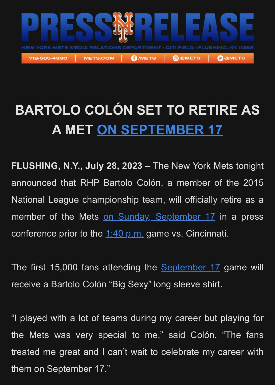 The New York Mets announce Bartolo Colon's official retirement