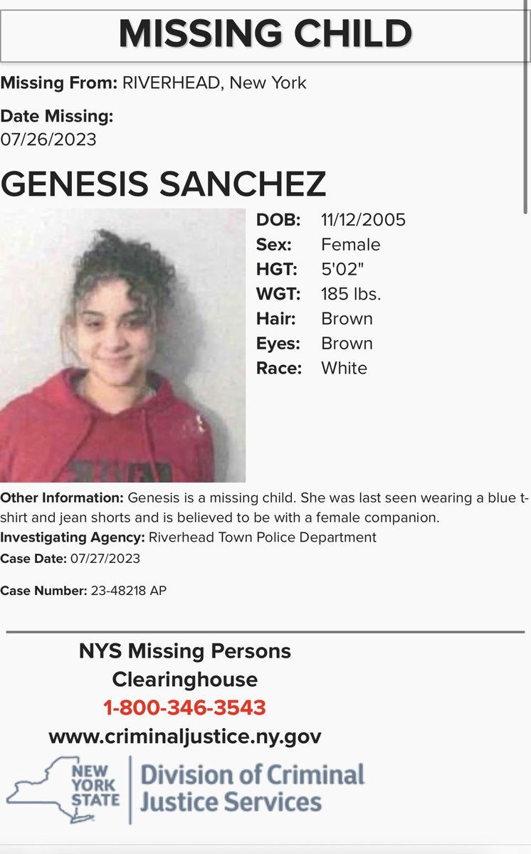 GabbsJustice's tweet photo. Genesis is a #MissingChild from #Riverhead, #NewYork. 

She was last seen on 7/26/23 wearing a blue t-shirt and jean shorts and is believed to be with a female companion. 

#LongIsland #NY #Missing #MissingPerson https://t.co/S65EdXP14X