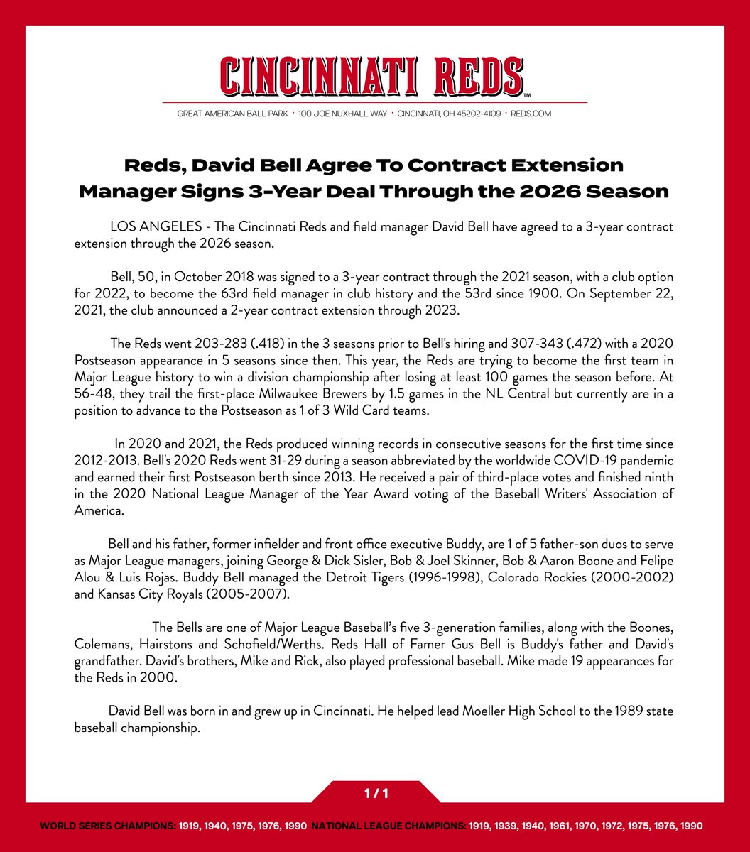 Reds's tweet photo. The #Reds and manager David Bell have agreed to a contract extension through the 2026 season. https://t.co/ihMTVb4U9F