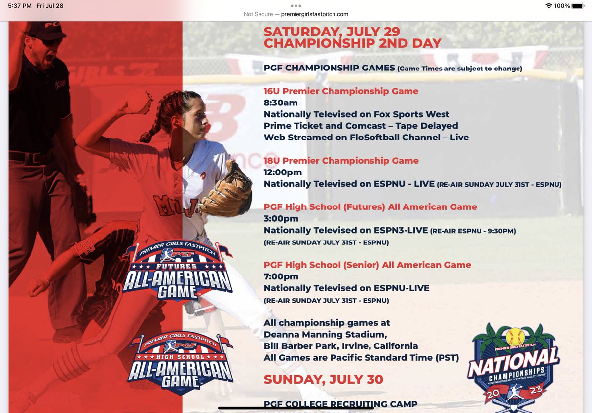 We are going to the “ship”. 18u Conroy will play in the PGFNational Championship game at Noon tomorrow. Airing on ESPN U and Flo Softball! #fearthewoo #SHAD #onelastgame