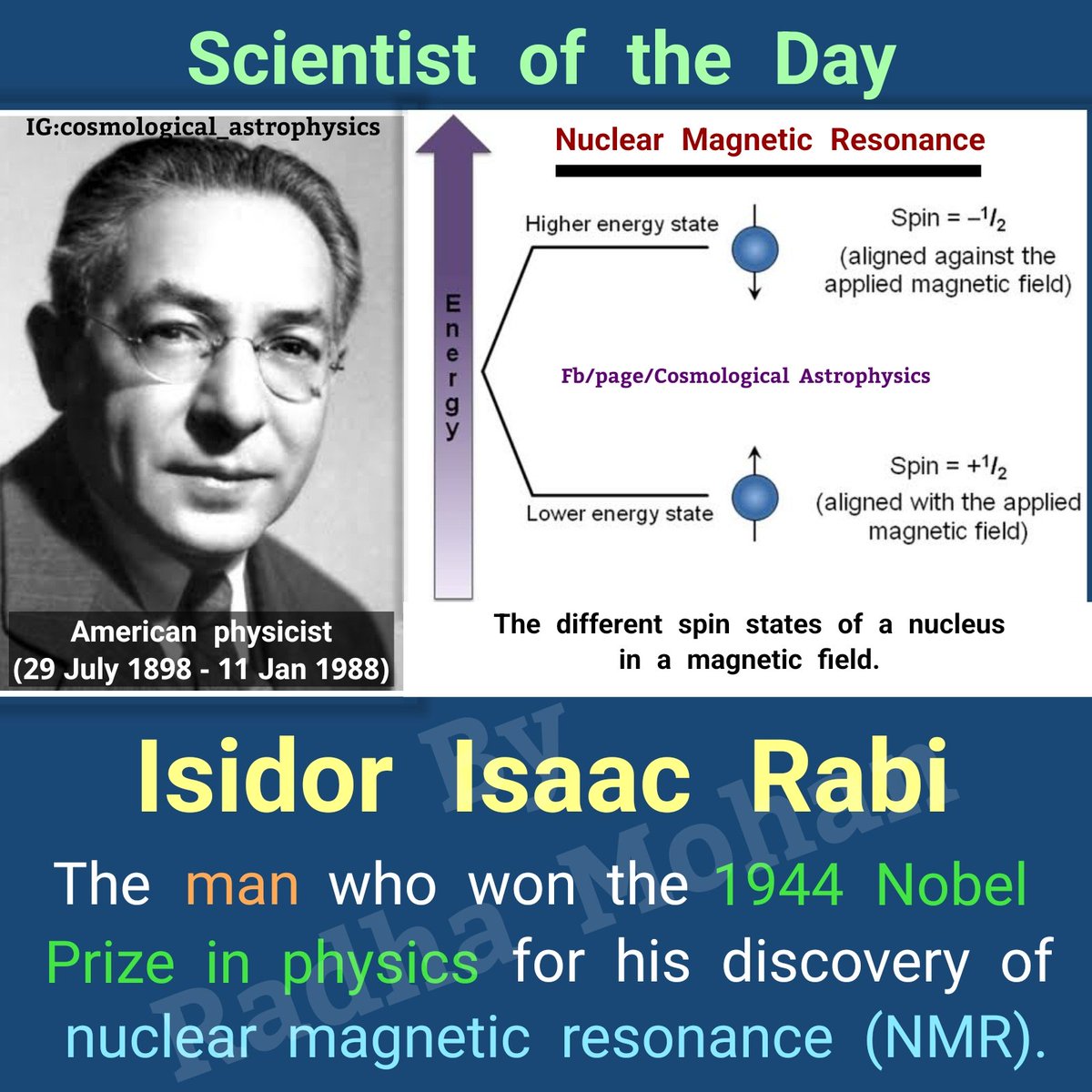 You must have heard the atomic clock, the maser, the laser and magnetic resonance imaging (MRI). These all are based on a physical phenomenon, named, NMR. 

It's the birthday of #IsidorIsaacRabi, the man who discovered the NMR - - - 

(Scientist of the Day - 29 July)