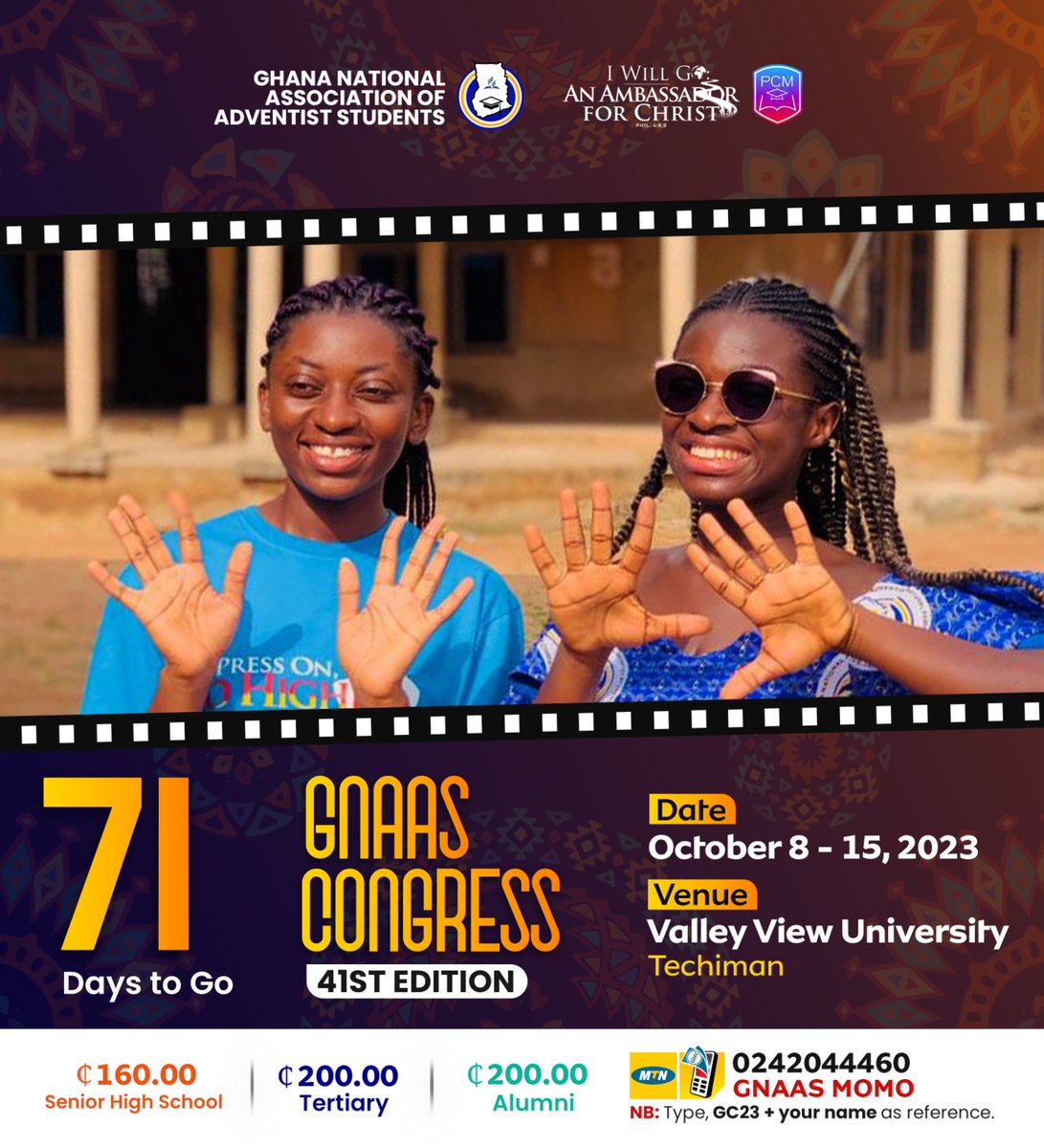 gnaas_national's tweet photo. Mark your calendars and get ready for a life changing experience🗓️. All roads lead to Valley View University Techiman campus 🎉💥
Only 71 days left until the GNAAS Congress 2023🥳🥳
Let the anticipation begin! 🔥 
#GNAASCongress #71DaysToGo https://t.co/9VcR6XmqjI