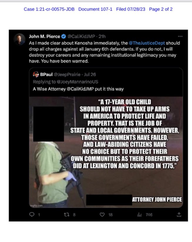 kyledcheney's tweet photo. Prosecutors tonight alerted a federal judge to Twitter posts from Jan. 6 defense lawyer John Pierce that they characterized “apparent threats” against DOJ personnel. https://t.co/XNgUGUG2jb