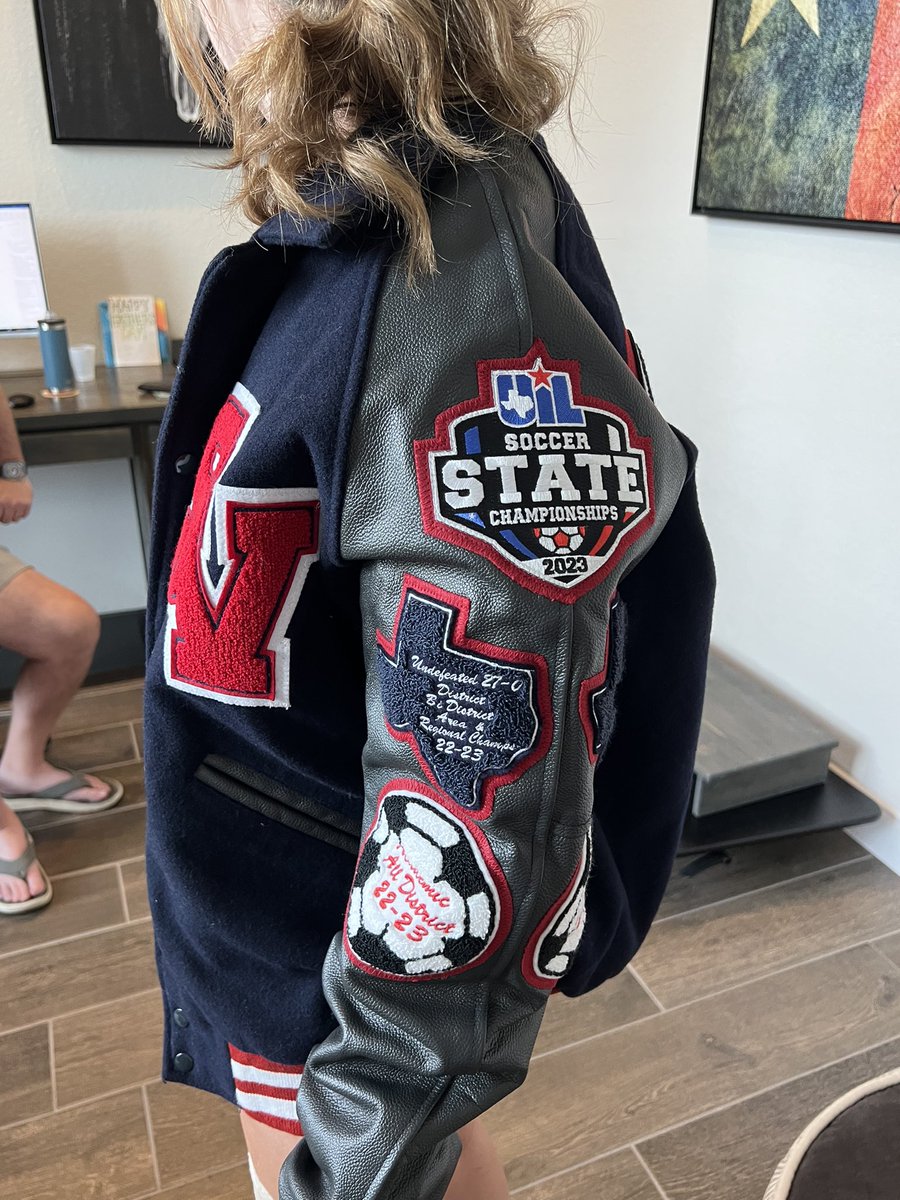 SHeintzMom's tweet photo. “The Jacket” has a home!!! The freshman year accolades are on and so excited to have it home..we are looking forward to many many more patches @SmithsonValley @SVABC_GSoccer @jasonad25348707 @LethalSoccer @PrepSoccer @AggieSoccer https://t.co/VzmtXwz6xb