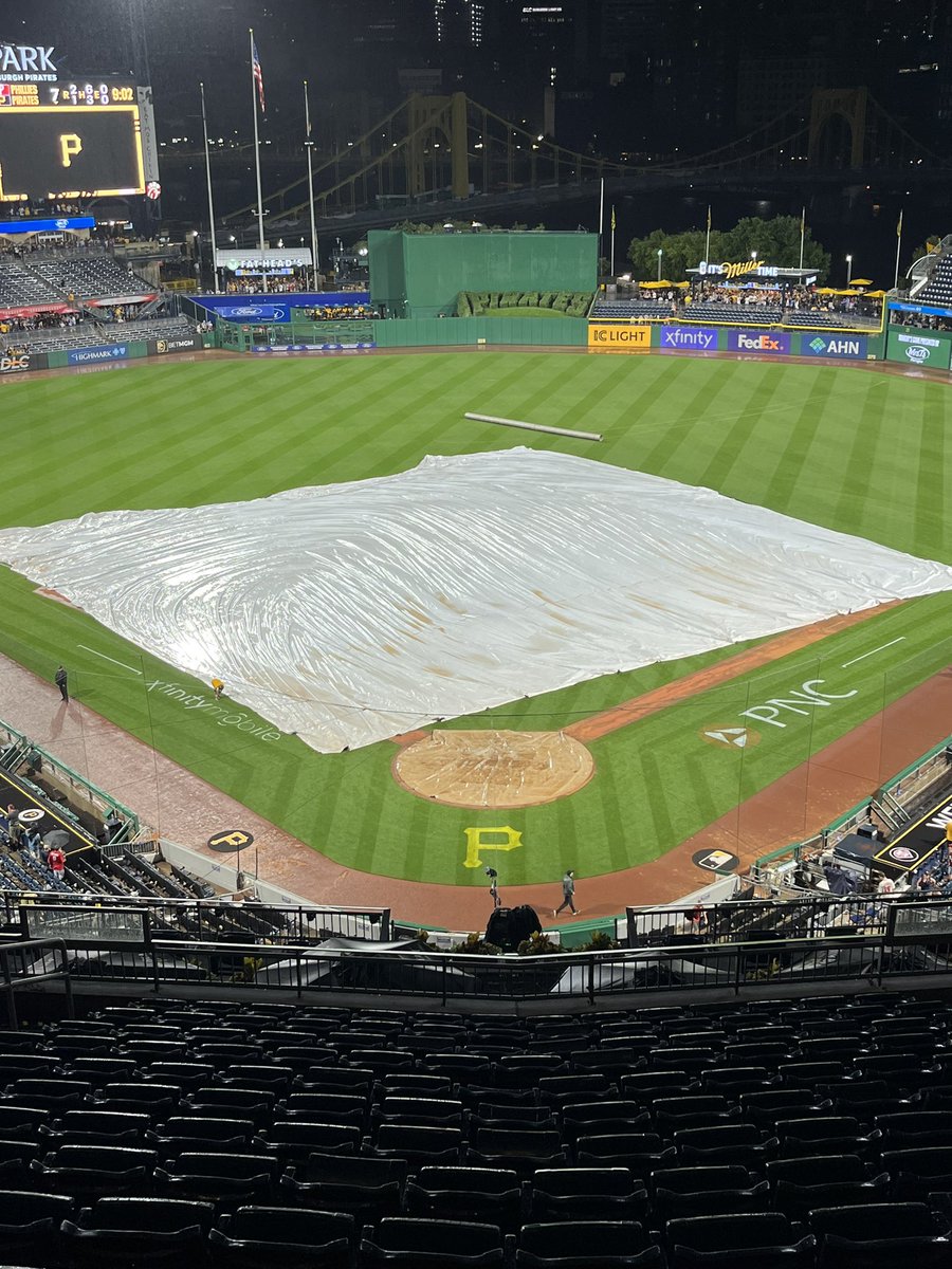 CTruck24's tweet photo. Amatuer hour in Pittsburgh. The @Pirates need to retrain their ground crew as to how to pull a tarp. Let’s Go @Phillies! 

@GMurphPhils 
@TMacPhils https://t.co/sjSieMVyAK