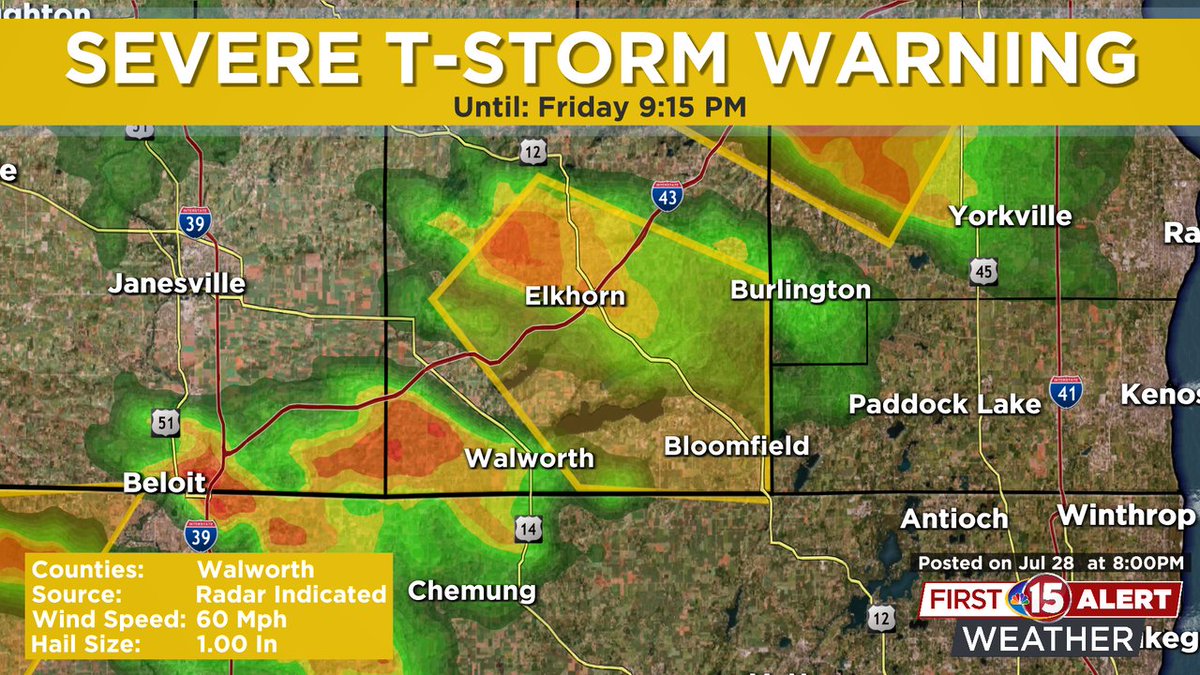 wmtv15news's tweet photo. A *Severe Thunderstorm Warning*  has been issued for Walworth counties until 28 Jul 9:15PM. Tune in to NBC15 for the latest updates! https://t.co/fKMGJdWi7e