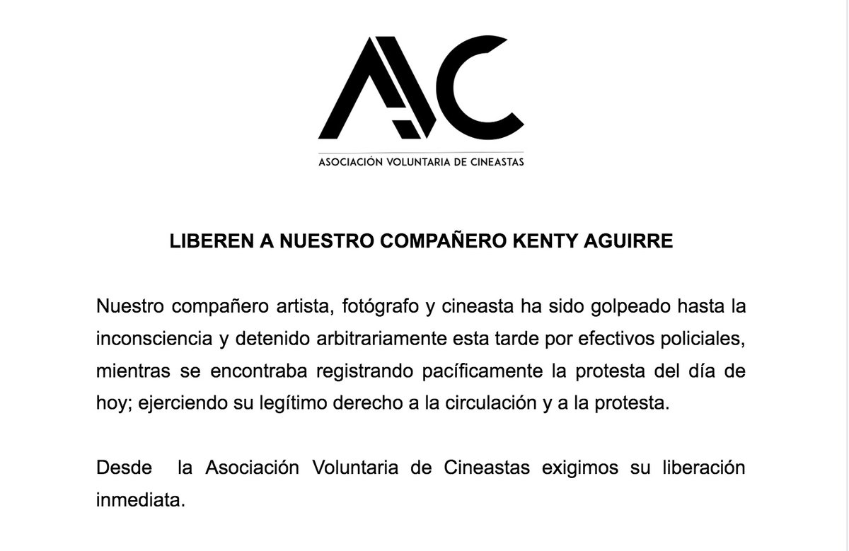 criticademonica's tweet image. La Asociación Voluntaria de Cineastas pide libertad de artista, fotógrafo y cineasta Kenty Aguirre Figueroa. Protestar es un derecho. #28J #DictaduraEnPeru