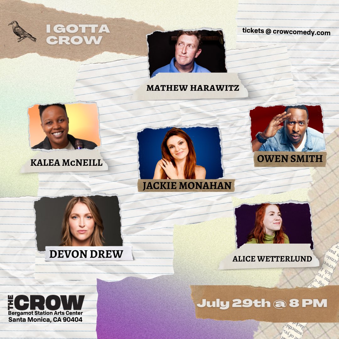 The Crow (@thecrowcomedy) on Twitter photo Tomorrow! FREE for WGA and SAG-AFTRA members! Catch our lineup of union members: <a href="/hulkawitz/">Mathew Harawitz</a>, Kalea McNeill, <a href="/jackiemonahan/">Jackie Primrose Monahan</a>, <a href="/OwenSmith4Real/">Owen Smith</a>, @devonmdrew, and <a href="/alicewetterlund/">Alice Wetterlund</a> 🥺
Tix: jetbook.co/e/i-gotta-crow…
#WGAstrong #SAGAFTRAstrong #sagaftramembers <a href="/WGAWest/">Writers Guild of America West</a> <a href="/sagaftra/">SAG-AFTRA</a> Tomorrow! FREE for WGA and SAG-AFTRA members! Catch our lineup of union members: <a href="/hulkawitz/">Mathew Harawitz</a>, Kalea McNeill, <a href="/jackiemonahan/">Jackie Primrose Monahan</a>, <a href="/OwenSmith4Real/">Owen Smith</a>, @devonmdrew, and <a href="/alicewetterlund/">Alice Wetterlund</a> 🥺
Tix: jetbook.co/e/i-gotta-crow…
#WGAstrong #SAGAFTRAstrong #sagaftramembers <a href="/WGAWest/">Writers Guild of America West</a> <a href="/sagaftra/">SAG-AFTRA</a>