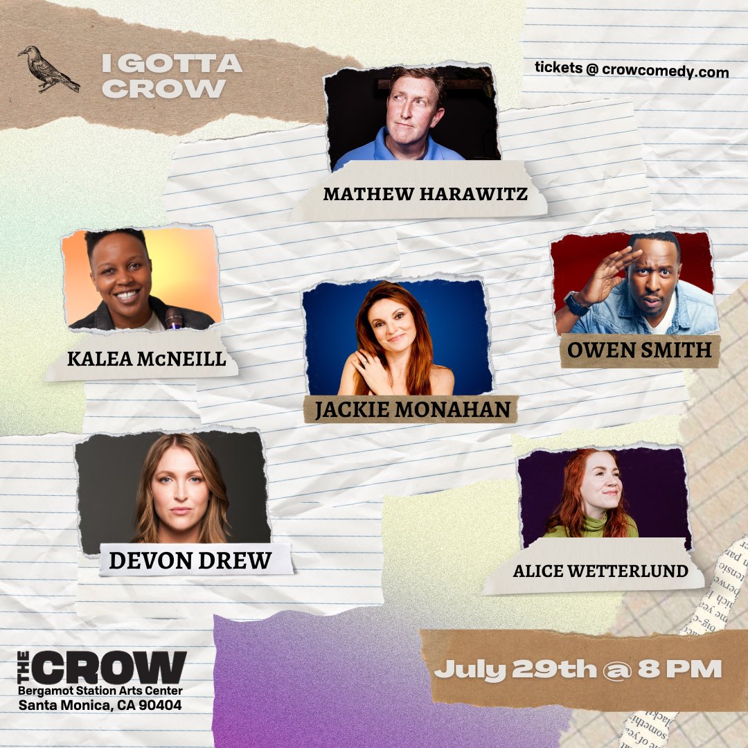 Tomorrow! FREE for WGA and SAG-AFTRA members! Catch our lineup of union members: @hulkawitz, Kalea McNeill, @jackiemonahan, @OwenSmith4Real, @devonmdrew, and @alicewetterlund 🥺 Tix: jetbook.co/e/i-gotta-crow… #WGAstrong #SAGAFTRAstrong #sagaftramembers @WGAWest @sagaftra