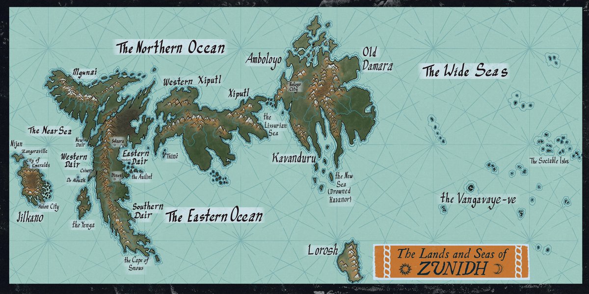 just finished: a physical map of the world of zunidh from <a href="/_vgoddard/">Victoria Goddard</a>’s extremely excellent Nine Worlds books. read hands of the emperor y’all it ruuuuuuules