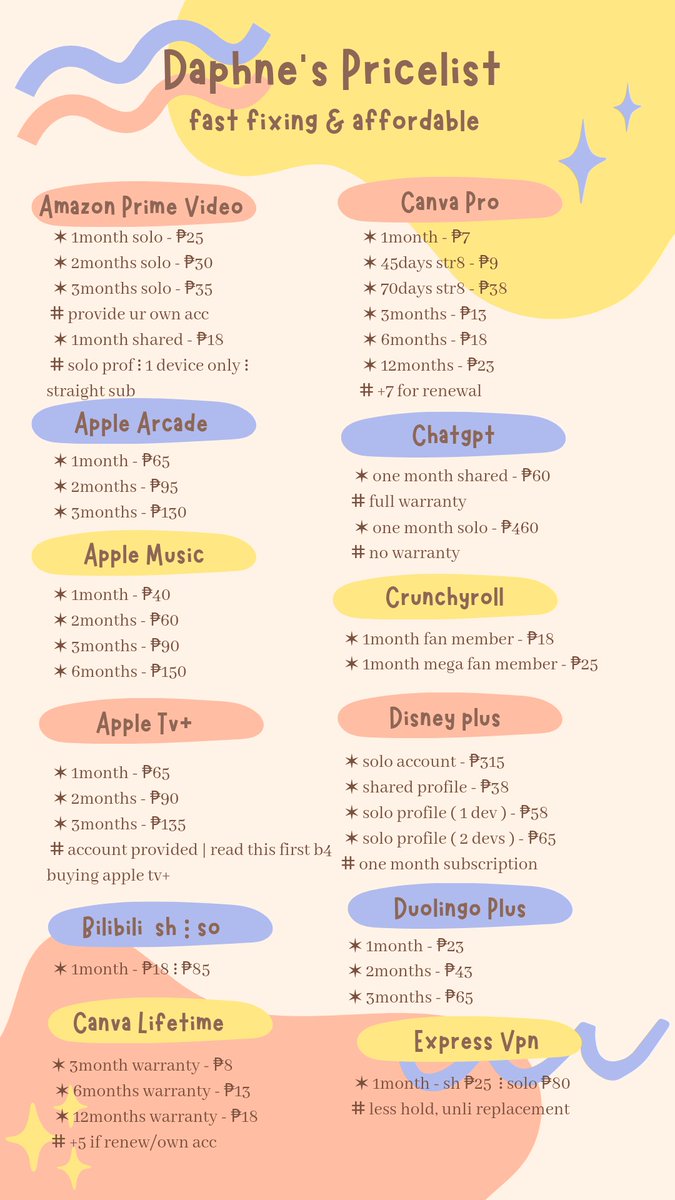 daphnepremss's tweet photo. ▭▬ Daphne 's Cart !
  ✶ entertainment, educational, music streaming, vpn and other premium are available !

 ⋆ lfb/rs ⋮ netflix, spotify, quillbot, apple music, grammarly, vivamax, zoom pro and others are available.

 ⵌ mop ⋮ gcash &amp; maya
 ⵌ other acc ⋮ @daphne_dumpp https://t.co/JP0LMVJiJr