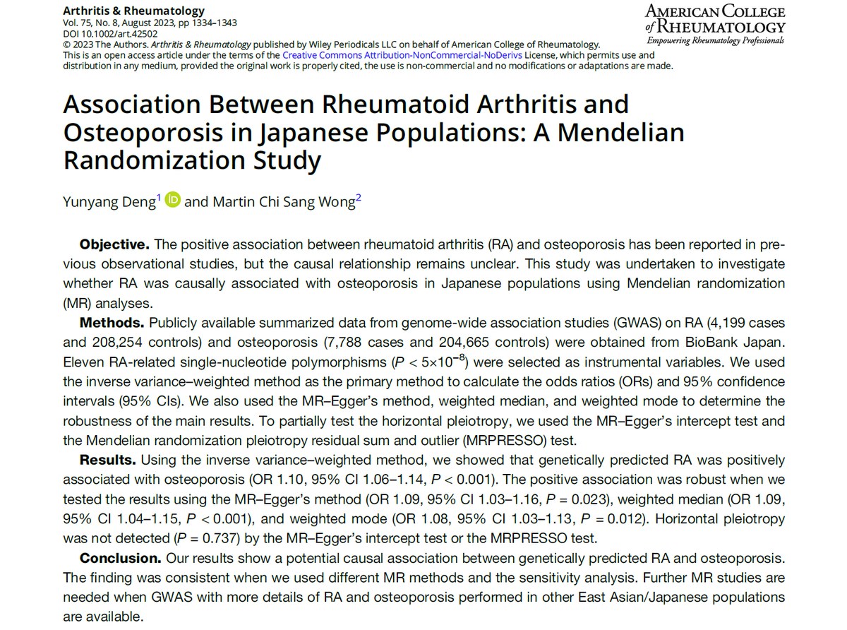YunyangDeng's tweet photo. A great honor to publish this paper in Arthritis &amp; Rheumatology. We found a potential causal relationship between genetically-predicted RA and osteoporosis in Japanese populations using Mendelian randomization design. Please see https://t.co/4WAoK8Zd0x for the details. https://t.co/U1VqNyJnp6