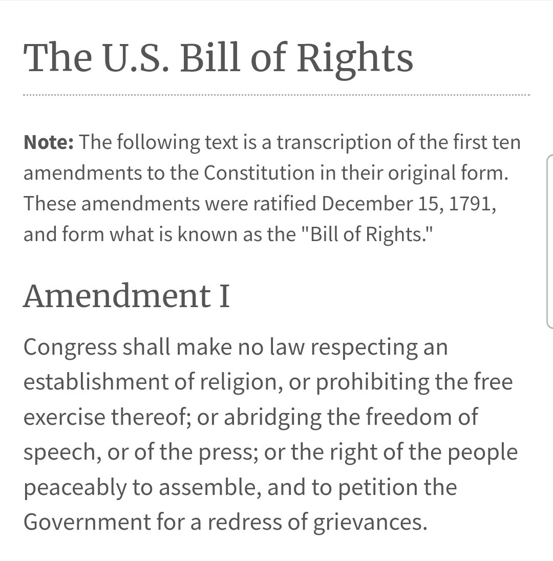 Let us all citizens of the United States of America 🇺🇸 remember what exactly the very #1stAmmendment of The Bill of Rights of The Constitution of the United States of America actually says and conveys: peaceably to assemble (in matters of #FreedomOfSpeech)
archives.gov/founding-docs/…