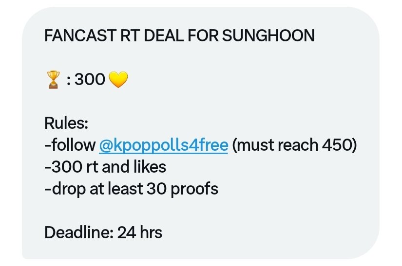 thatseattleb0i's tweet photo. FANCAST RT DEAL FOR SUNGHOON 

🏆 : 300 💛

Rules:
-follow @kpoppolls4free (must reach 450)
-300 rt and likes
-drop at least 30 proofs

Deadline: 24 hrs

#ENFuelUp #ENVOOSTERS https://t.co/xjlD0HSH9P