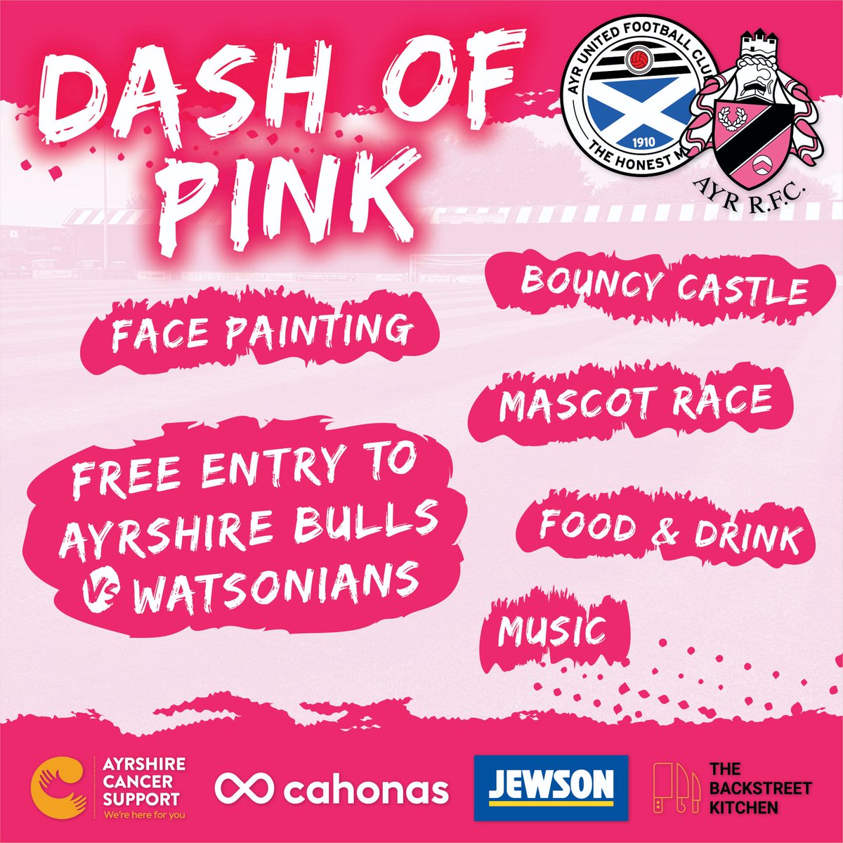 Ayr United (@ayrunitedfc) on Twitter photo ⚽️Matchday at Cameron's⚽️
The bar will be open from 12pm today with plenty going on in the beer garden as part of our 'Dash of Pink' day.
£1 from every purchase at The Backstreet Kitchen kiosk at Cameron's will be donated to <a href="/ayrshirecancer/">Ayrshire Cancer Support</a> and <a href="/CahonasScotland/">Cahonas Scotland</a>.
#WeAreUnited ⚽️Matchday at Cameron's⚽️
The bar will be open from 12pm today with plenty going on in the beer garden as part of our 'Dash of Pink' day.
£1 from every purchase at The Backstreet Kitchen kiosk at Cameron's will be donated to <a href="/ayrshirecancer/">Ayrshire Cancer Support</a> and <a href="/CahonasScotland/">Cahonas Scotland</a>.
#WeAreUnited