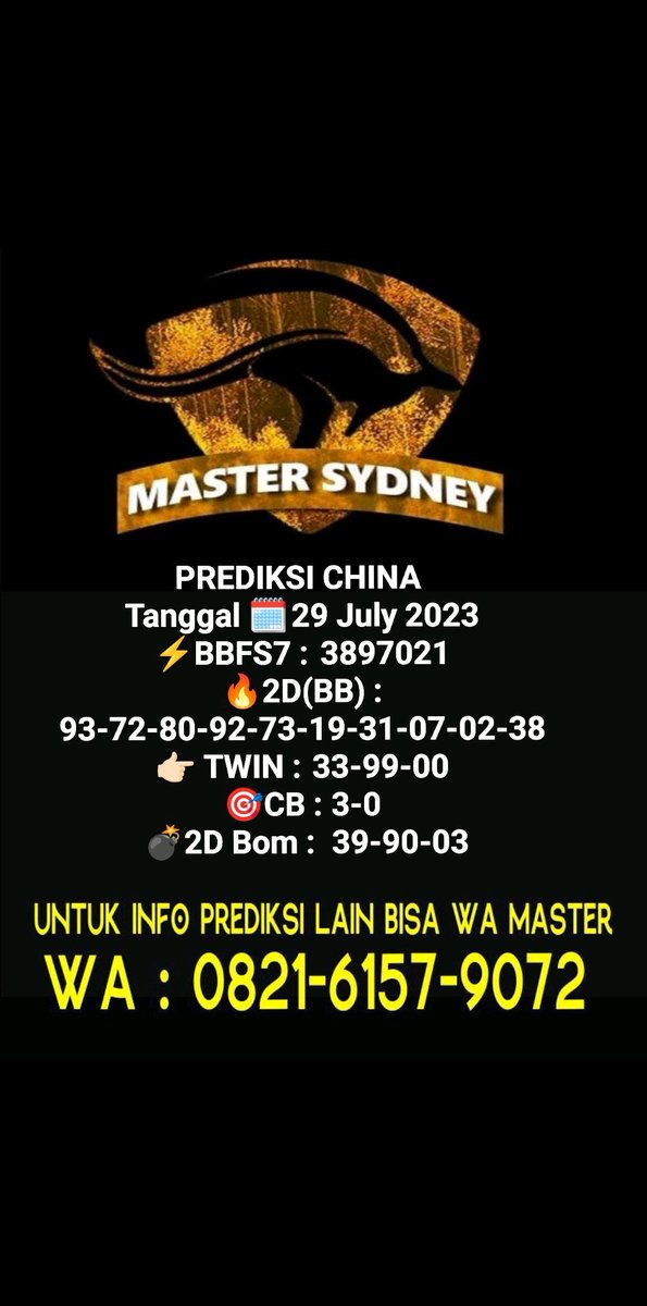 Mastersydney3's tweet photo. Prediksi China Sabtu, 29 Juli 2023
Ready Prediksi Setiap Hari Rutin
#prediksichina #chinahariini #bocoranchina #angkachina #angkajituchina #chinajitu #togelchina #prediksicina #cinahariini #angkacina https://t.co/3tznflVBRb