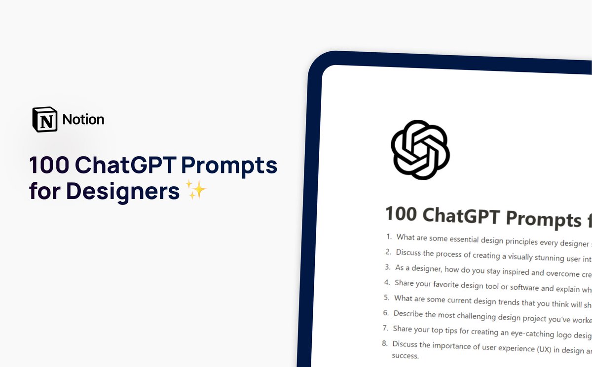 ChatGPT is a free design assistant

But most people don't know how to make the most out of it.

So I built 100 prompts to make you a top 1% designer.

Normally costs $25, but next 24hrs it's FREE!

To get it:

1. Follow me (so I can DM you)
2. Like &amp; rt this tweet
3. Reply "SEND"