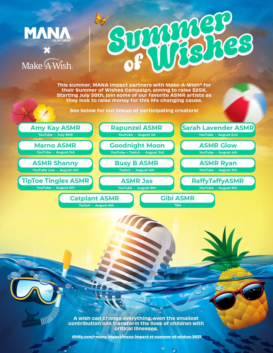 Hey Everyone! MANA is teaming up for #SummerOfWishes of @MakeAWish with our amazing ASMR community 🏖️  @MAW  #StreamForWishes Check out our videos on the dates specified below for more info and what we will do for it! Mine will be up  1st of August