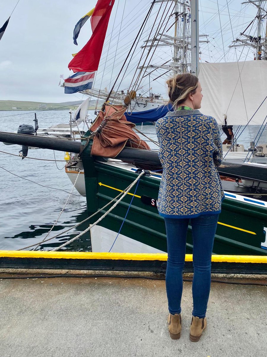 nielanell's tweet photo. Katie contemplating whether to run away to sea on Swan.⁠
⁠
She has the jumper for it!⁠
⁠
Today (Sat 29th) is our last day up in town at #TallShipsLerwick. Thanks so much to everyone who has stopped by so far.⁠
⁠
We're here 11am-7pm on the Albert Wharf - just by Swan.⁠ https://t.co/qDvRLbhqgk