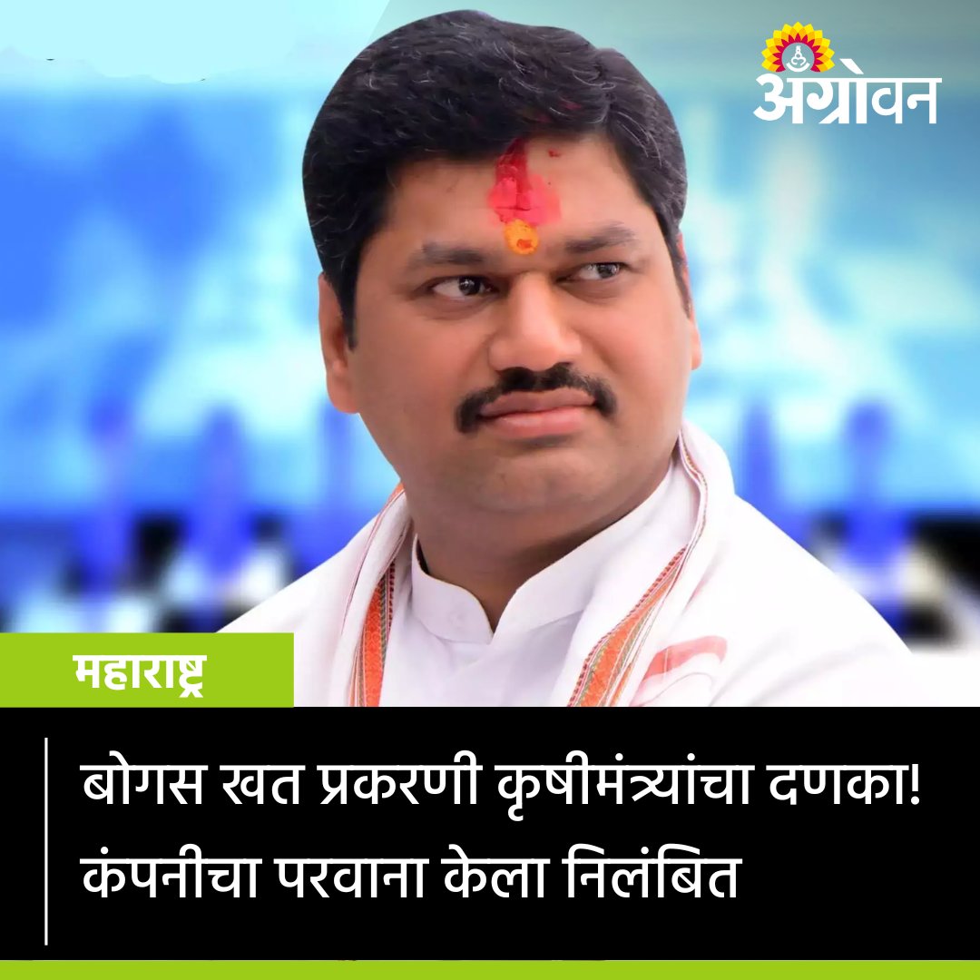 AGROWON's tweet photo. बोगस खतांच्या संदर्भात धुळे जिल्ह्यातून तक्रारी आल्या नंतर कृषी विभागाने तात्काळ दखल घेत कारवाई करत, ग्रीनफिल्ड ऍग्रीकेम इंडस्ट्रीज या कंपनीचा खत विक्री परवाना निलंबित केला आहे.
@DhananjayMunde #Farmer #Agroguide #Marathinews #Agrowon https://t.co/OUg2FpHCDn