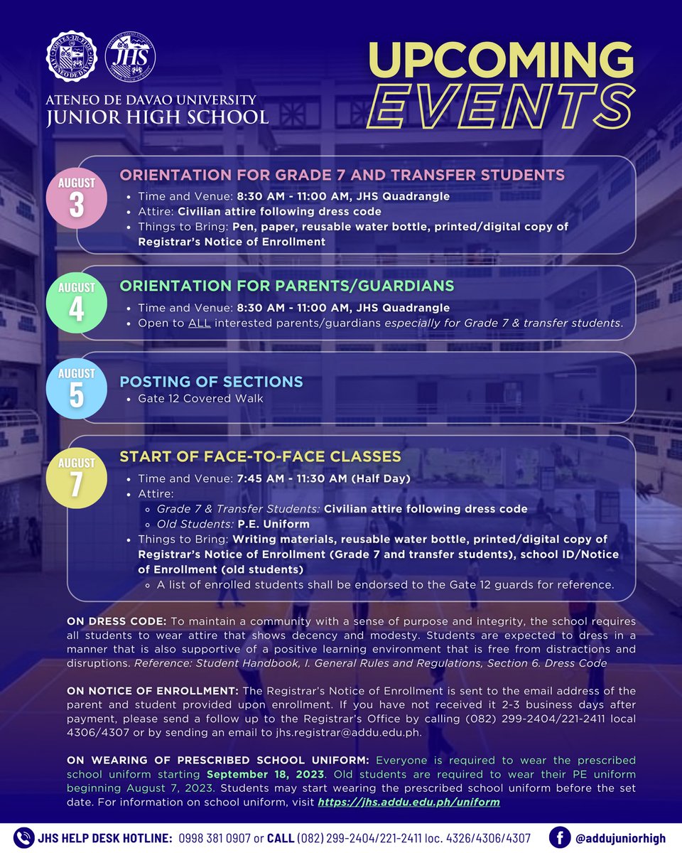 AdDU_JHS's tweet photo. HEADS UP | Be informed of the UPCOMING EVENTS in the Junior High School! See you soon, Blue Knights! 💙

Enrollment is ongoing. For more info, visit https://t.co/JJ9uQit7Iv

#aimhighataddujuniorhigh

@ADDU_Official  @asecofficial24  @addujhs_osa https://t.co/rDoaCdxJ0E