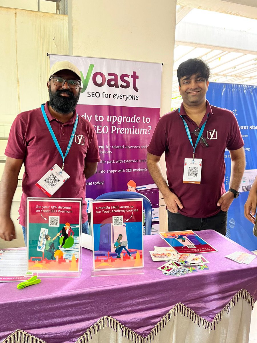 Say hi to our friends from @Yoast👋

Visit their booth to enhance your website's SEO! 

#WCBLR #WordCamp #Bluehost #WonderfulTogether