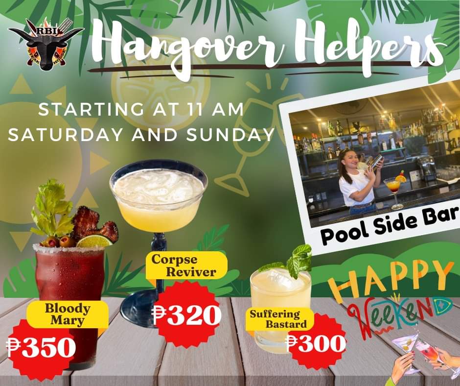RbiSteakhouse's tweet photo. Saturday is here and people will be flocking to the RBI Steakhouse pool side bar for our specialty drinks. Do not miss out every weekend from 11am till closing. #rbisteakhouse #angelescity #pampanga #poolsidebar #bloodymarys https://t.co/8XvPTB81Q9
