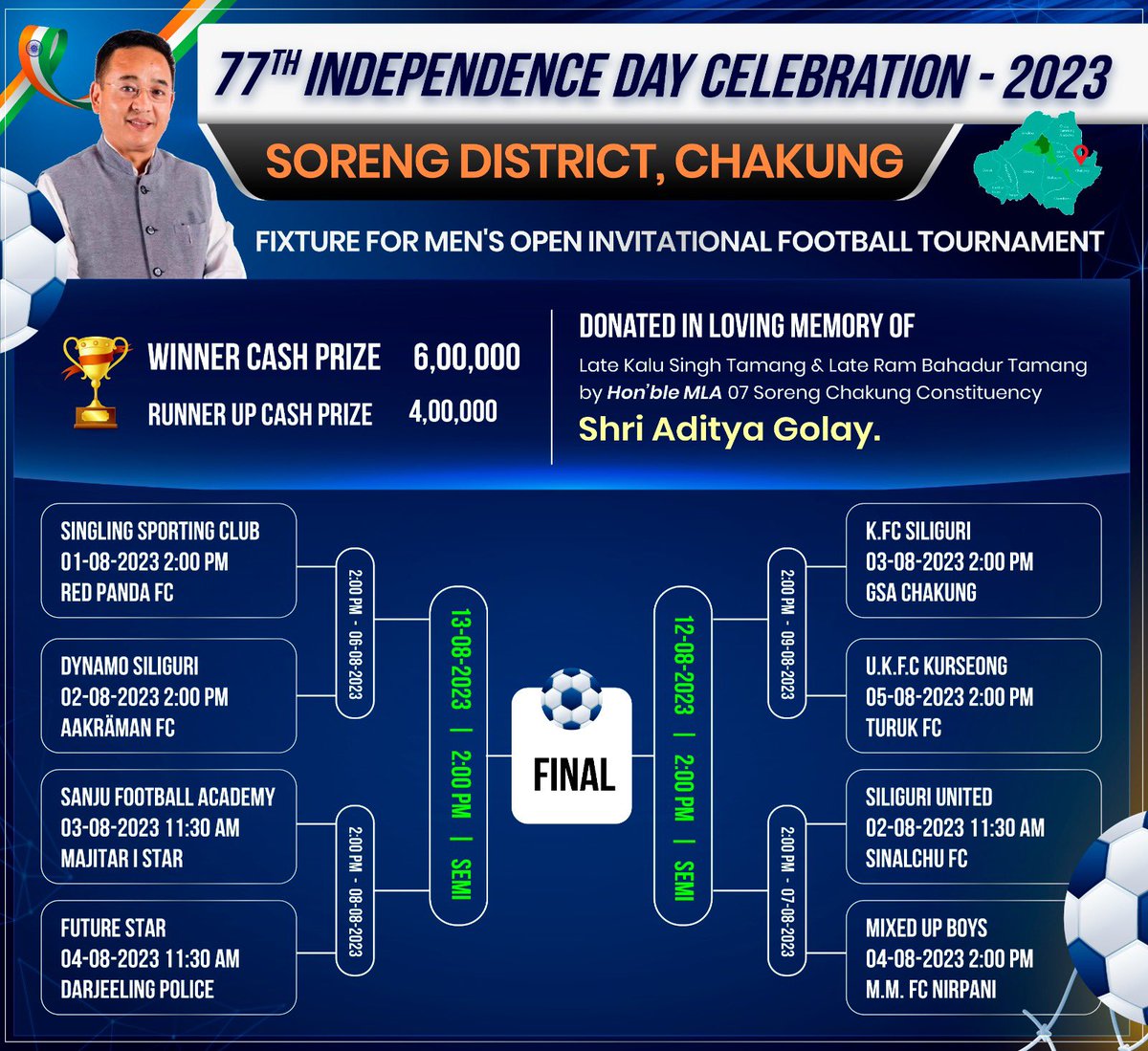 aditya_golay's tweet image. Join us to celebrate the 77th Independence Day at Soreng District from 1st of August 2023.

For the very first time the celebration will be hosted by Chakung with a very competitive Men’s Open Football Tournament, Women’s Football Tournament and other competitions and events.